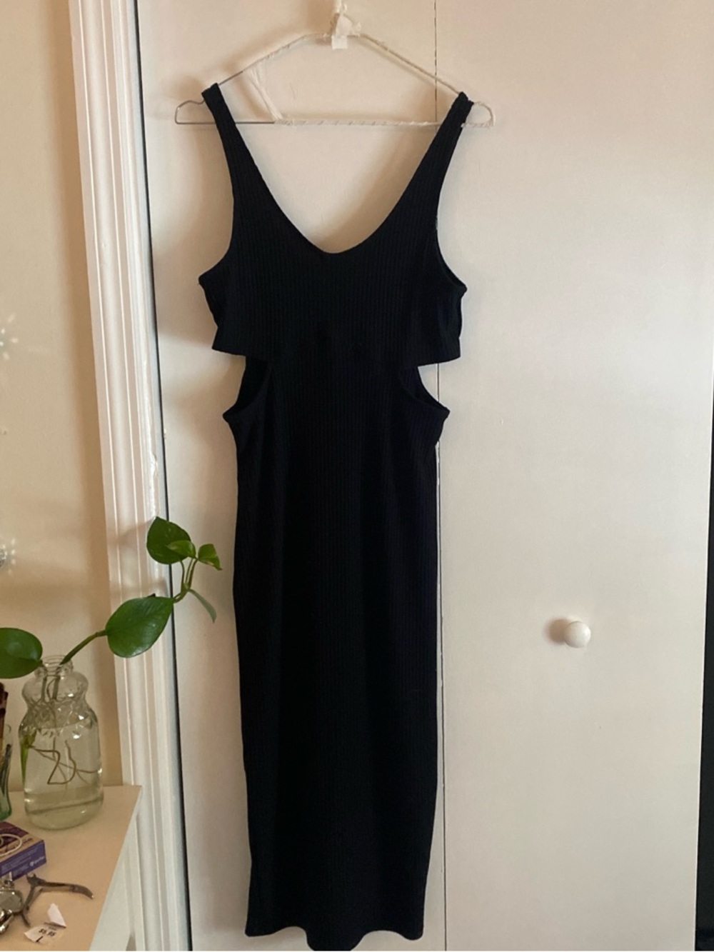 Divided Black Ribbed Cutout Midi Dress
